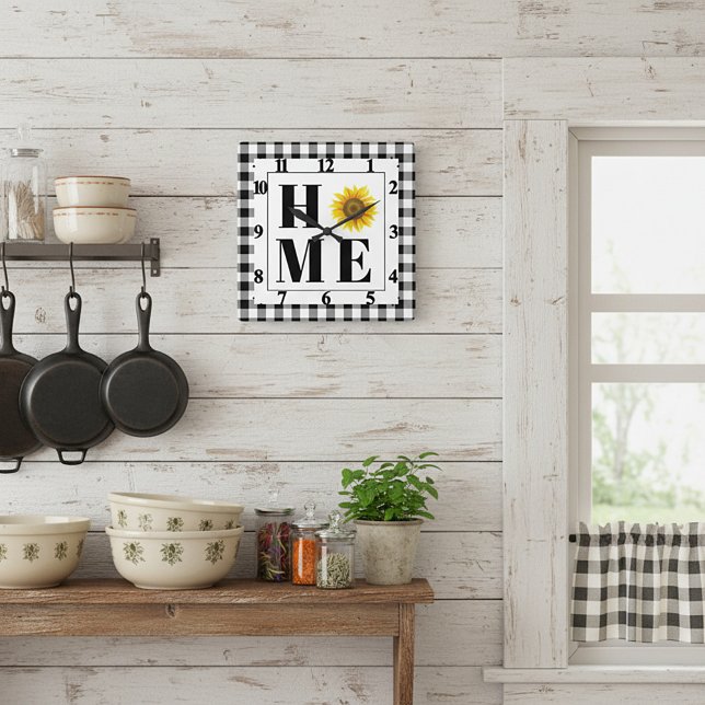 Buffalo check solros "Home"   Fyrkantig Klocka (Skapare uppladdad)