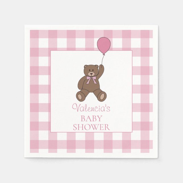 Buffalo Check Teddy Bear and Balloon Baby Shower Pappersservett (Framsidan)