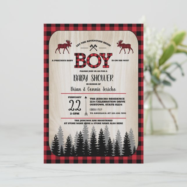 Buffalo Check Woodland Lumberjack Baby Shower Inbjudningar (Stående Fram)