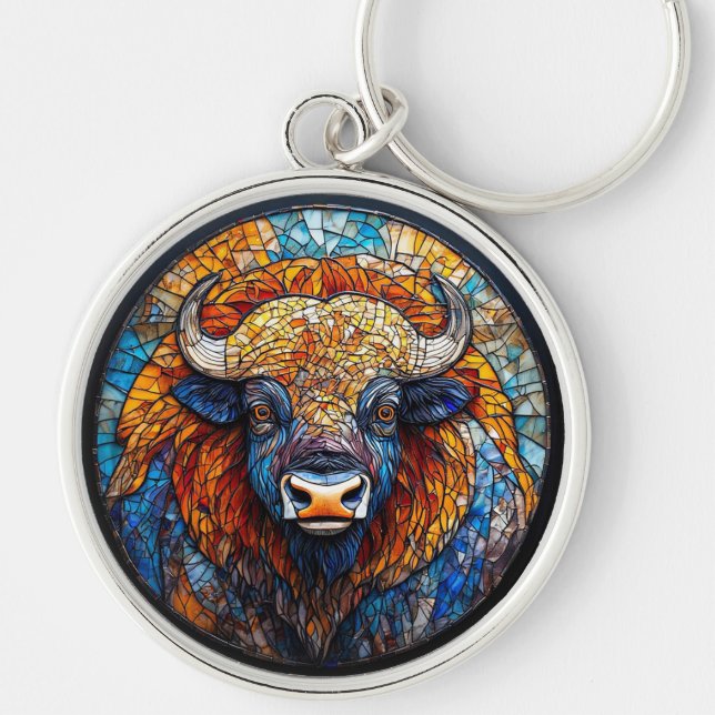 Buffalo glaskonstverk rund silverfärgad nyckelring (Framsidan)