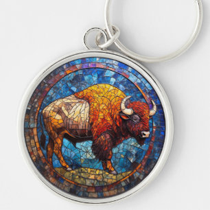 Buffalo glasmålning konstverk rund silverfärgad nyckelring