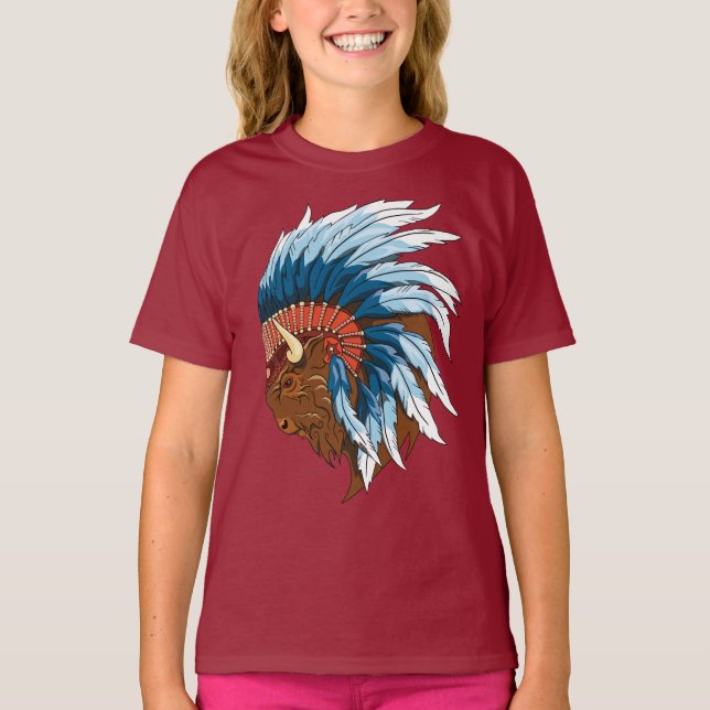 Buffalo Head med indian Headdress T Shirt (Framsida)