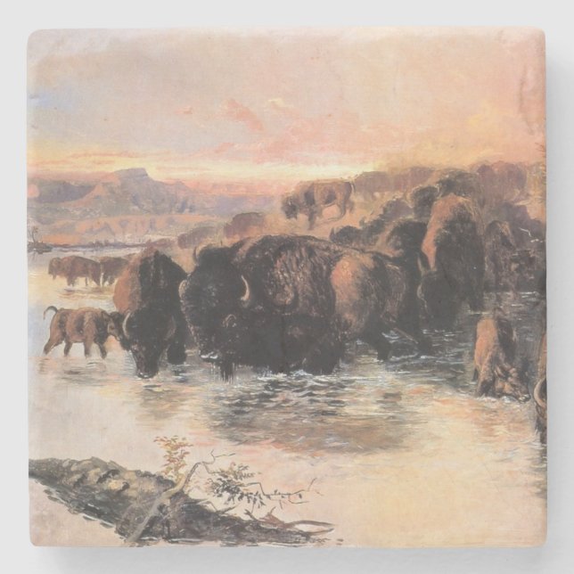 Buffalo Herd (av Charles M. Russell) Stenunderlägg (Framsidan)