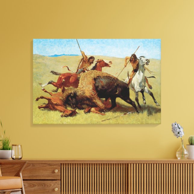 Buffalo Hunt av Remington, Vintage Native American Canvastryck (Insitu (Vardagsrum))