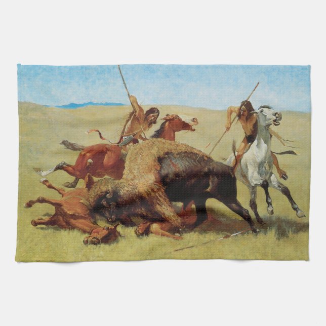 Buffalo Hunt by Remington, Vintage Native American Kökshandduk (Horisontell)