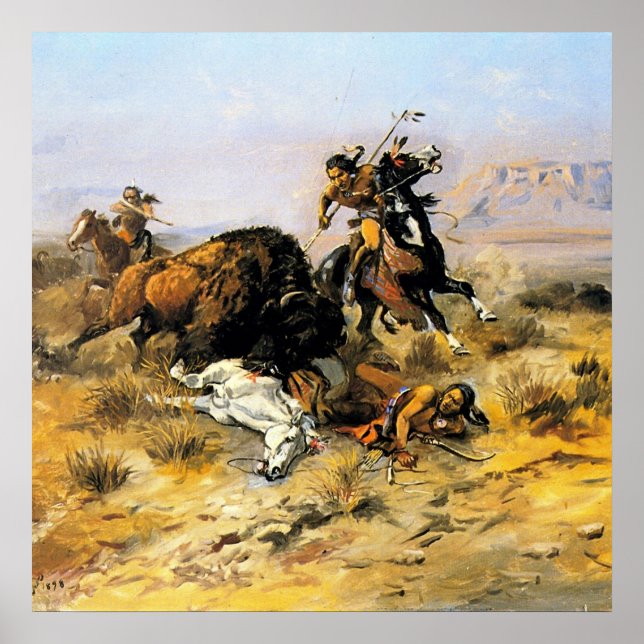 "Buffalo Hunt" Cowboy Art av Charles Russell Poster (Framsidan)