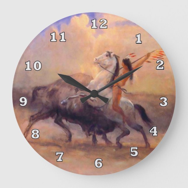 Buffalo Hunter Native American Clock Stor Klocka (Framsida)