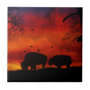 Buffalo in Sunset Art Tile Kakelplatta