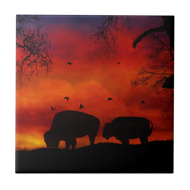 Buffalo in Sunset Art Tile Kakelplatta (Framsidan)