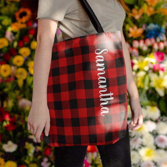 Buffalo-kontroll av personlig Red och Black Tygkasse (Personalized Red and Black Buffalo Plaid Tote Bag)