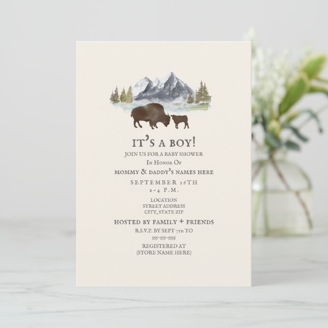 Buffalo Mamma Mountain Watercolor Baby Shower Inbjudningar (Stående Fram)