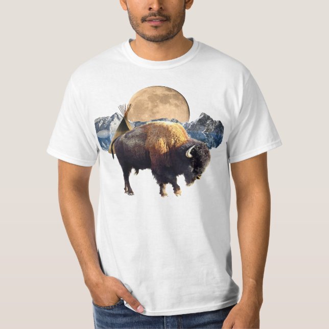 Buffalo, Måne & TeePee Wildlife Art T-Shirt (Framsida)