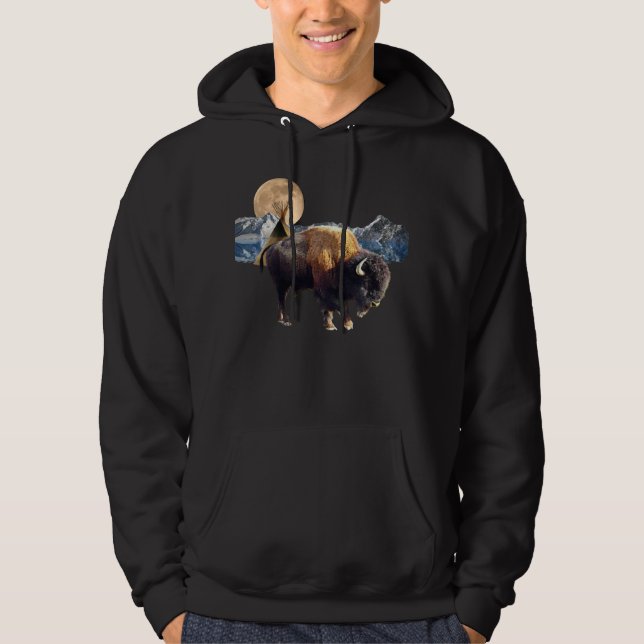 Buffalo, Måne & TeePee Wildlife Art T-Shirt Sweatshirt Med Luva (Framsida)