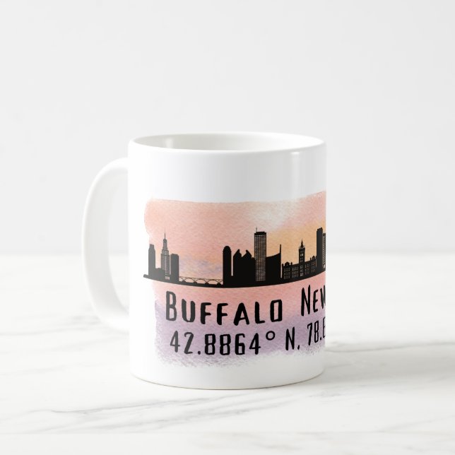 Buffalo NY City Skyline Latitude och Longitud Kaffemugg (Framsida vänster)