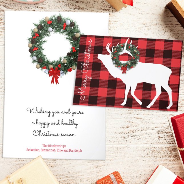 Buffalo Plaid Älg Julkrans Anpassad Helgkort (Skapare uppladdad)