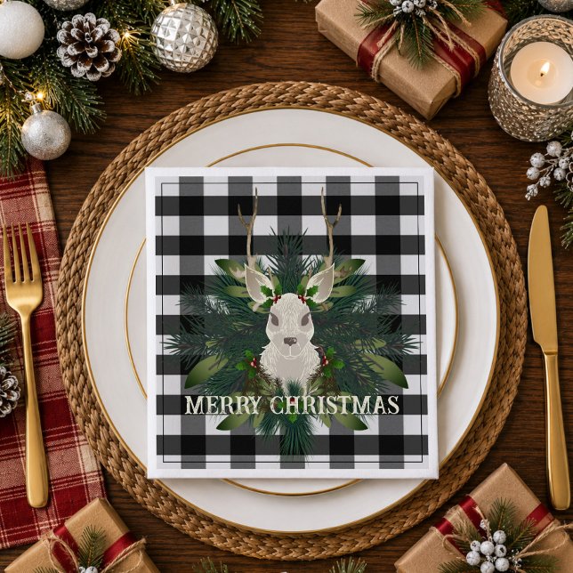 Buffalo Plaid Festive Ren Jul Pappersservett (Buffalo Plaid Festive Reindeer Christmas Paper Dinner Napkins)