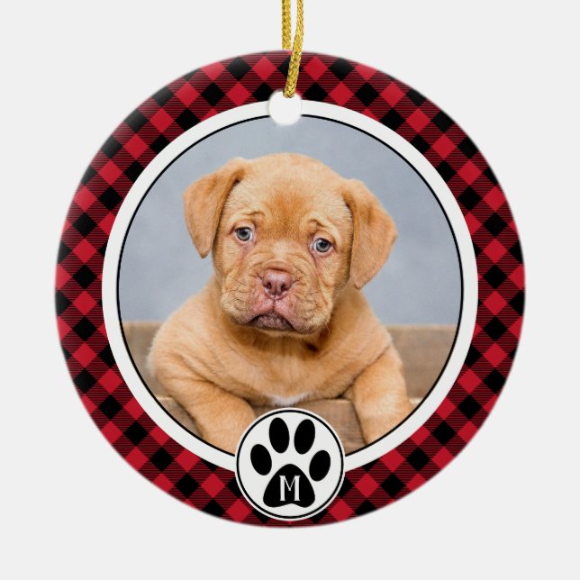 Buffalo Plaid Foto Monogram Djur Jul  Julgransprydnad Keramik (Framsidan)
