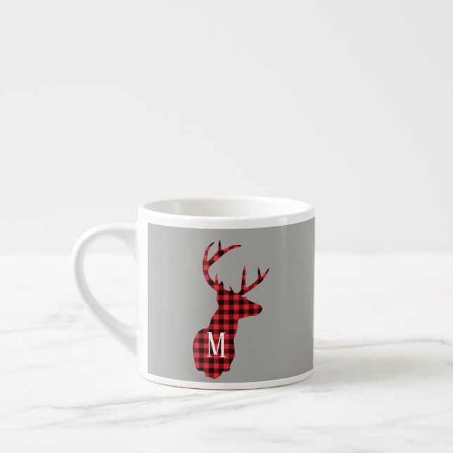 Buffalo Plaid Hjort Head Red Black Monogram  Espressomugg (Vänster)