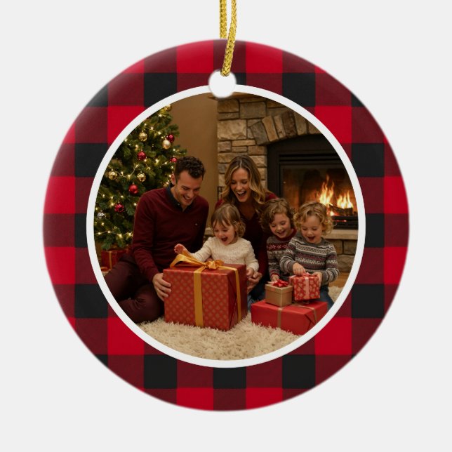 Buffalo Plaid Jul Familj Julgransprydnad Keramik (Framsidan)