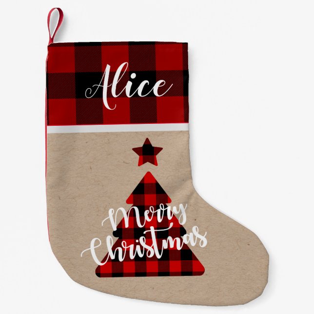 Buffalo plaid Julgran monogram Stocking Liten Julstrumpa (Framsidan)