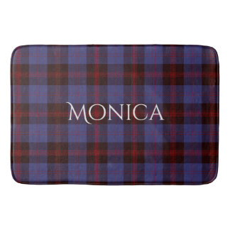 Buffalo plaid navy blue red monogram name badrumsmatta