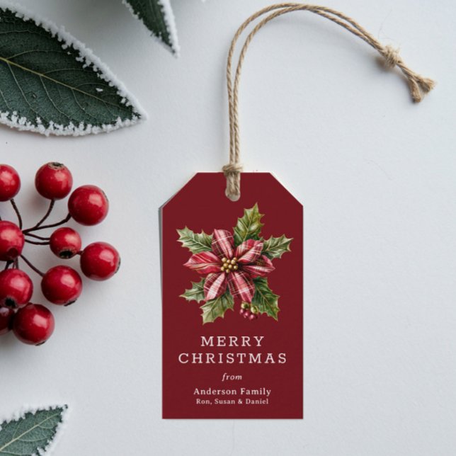 Buffalo Plaid Poinsettia Floral Custom Christmas  Presentetikett (Skapare uppladdad)