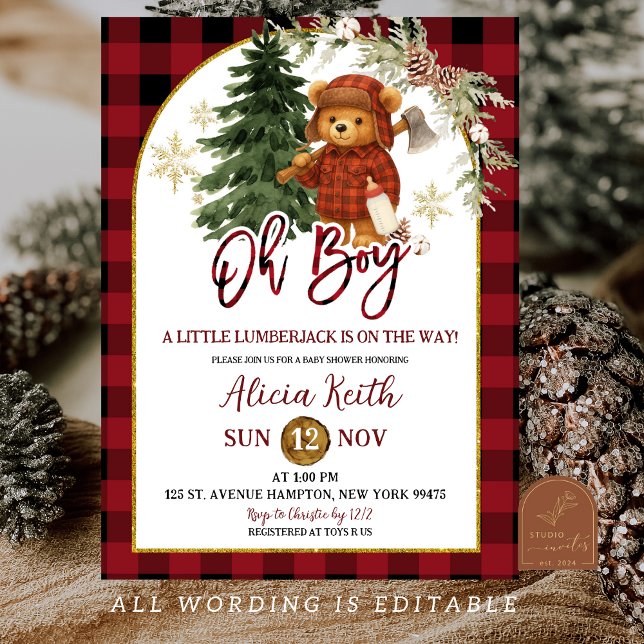 Buffalo plaid Red Winter Lumberjack Bear Shower Inbjudningar (Skapare uppladdad)