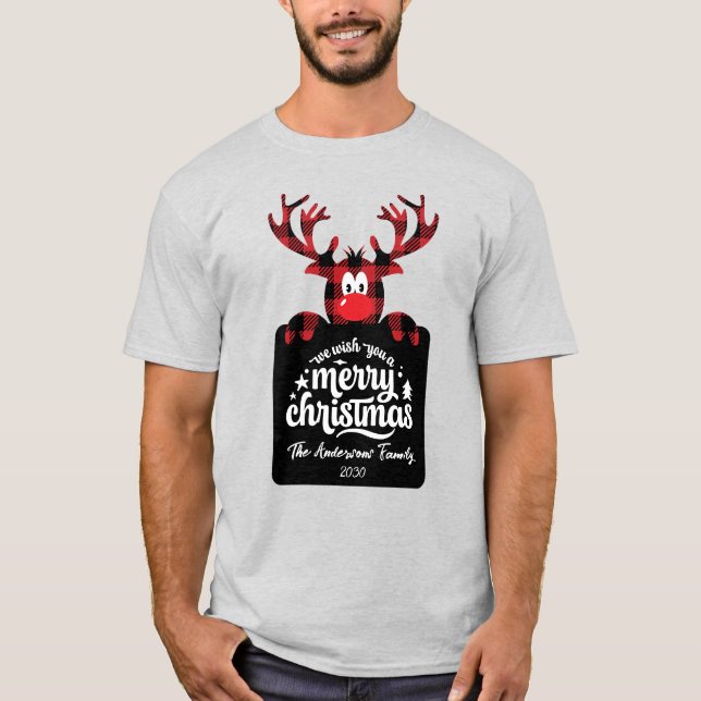 Buffalo Plaid Reindeer Customized Christmas Family T Shirt (Framsida)