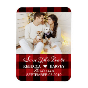 Buffalo plaid rustik vinterbröllop, spara datumet magnet