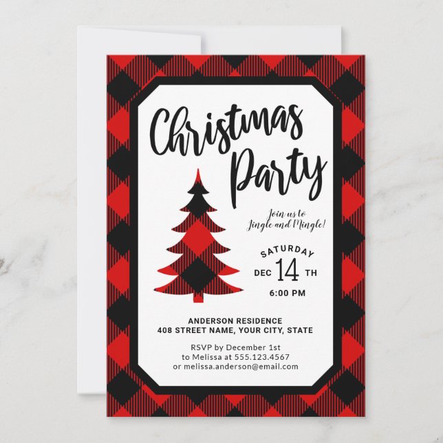 Buffalo Plaid Träd julfest Inbjudningar (Framsida)