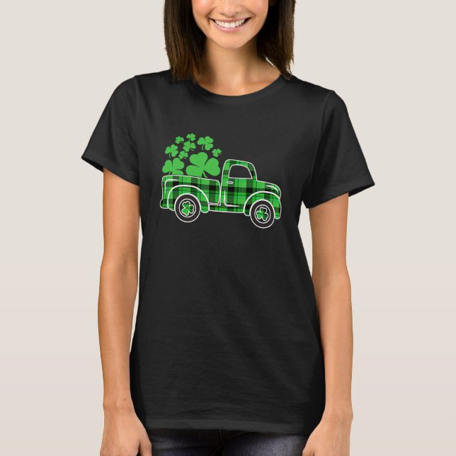 Buffalo Plaid Truck Irish Shamrock Happy St Patric T Shirt (Framsida)
