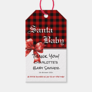 Buffalo Plaid Watercolor Röd Båge Bebis Babyshower Presentetikett