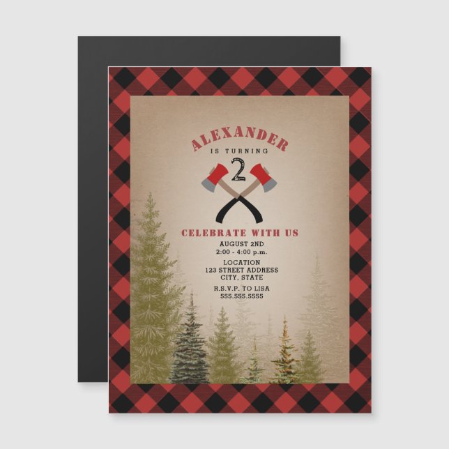 Buffalo Play Ax Woodland Lumberjack Birthday Magnetisk Inbjudningskort (Fram/baksida)