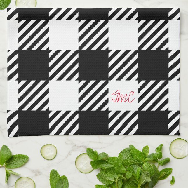 Buffalo Play Black White Red Monogram INITIALER Kökshandduk (Vikta)