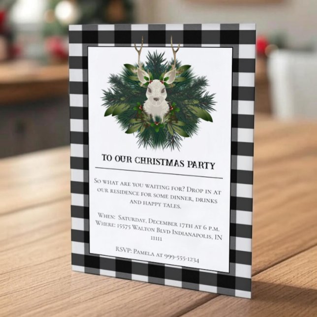 Buffalo Play Festive Reindeer jul Inbjudningar (Buffalo Plaid Festive Reindeer Christmas Party Invitation)