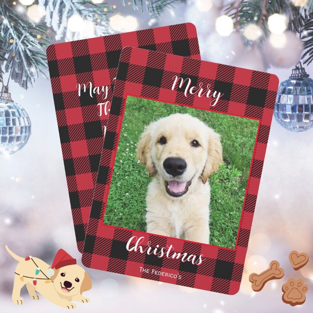 Buffalo Play God jul One Photo Julkort (Zazzle Buffalo Plaid Merry Christmas One Photo Holiday Card)
