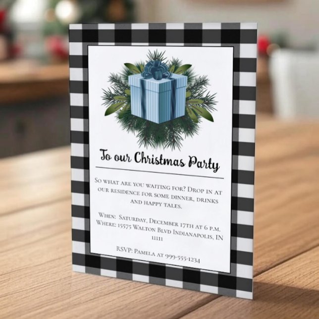 Buffalo Play-julgåva | Blå Julfest Inbjudningar (Blue Buffalo Plaid Christmas Gift Holiday Party Invitation)