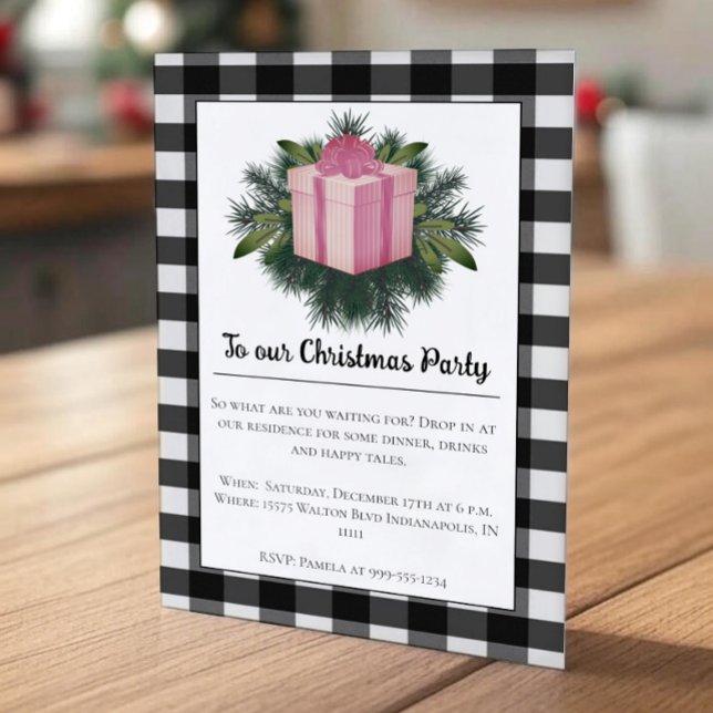 Buffalo Play-julgåva | Julfest för Rosa Inbjudningar (Pink Buffalo Plaid Christmas Gift Holiday Party Invitation)