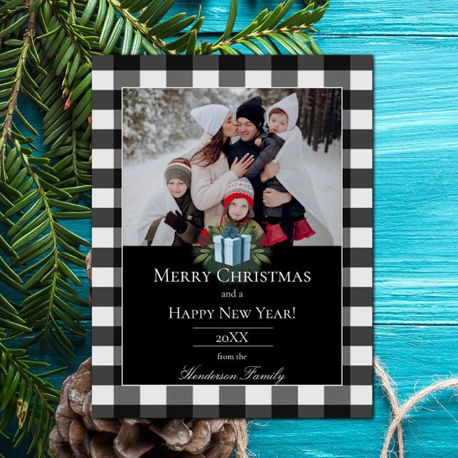 Buffalo Play-julgåva Photo | Blå Julkort (Blue Buffalo Plaid Christmas Gift Holiday Photo Card)