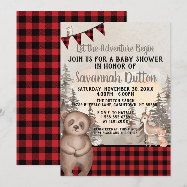 Buffalo Play Woodland Baby Shower Inbjudningar (Fram/baksida)
