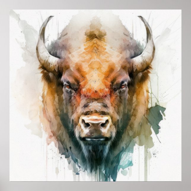 Buffalo Porträtt Animal Painting Wildlife utomhus Poster (Framsidan)