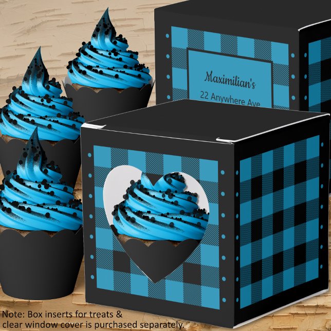 Buffalo-ruta - Blå och Svart - Favoritlåda med Hjä Presentaskar (Buffalo Check - Blue and Black - Heart Favor Box - Cupcakes - by Leapfroglisics Shop)