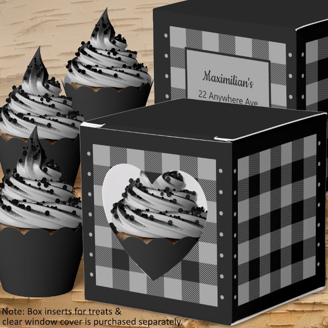 Buffalo-ruta - Grå och svart - Hjärtformad present Presentaskar (Buffalo Check - Gray and Black - Heart Favor Box - Cupcakes by Leapfroglisics Shop)