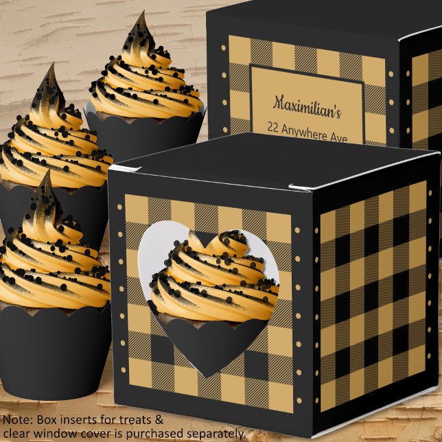 Buffalo-ruta - Guld och Svart - Hjärtformad presen Presentaskar (Buffalo Check - Gold and Black - Heart Favor Box - Cupcakes - by Leapfroglisics Shop)