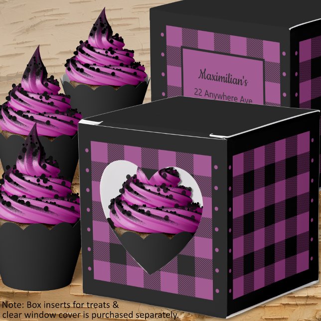 Buffalo-ruta - Lila och Svart - Hjärta Favoritlåda Presentaskar (Buffalo Check - Purple and Black - Heart Favor Box - Cupcakes - By Leapfroglisics Shop)