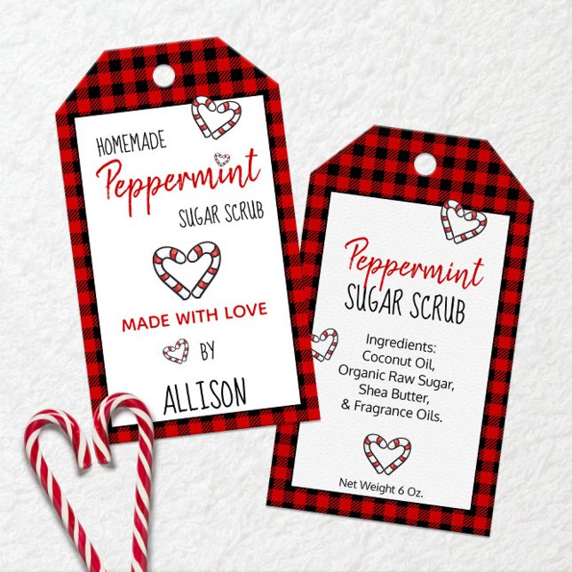 Buffalo-ruta & 🍬 Pepparmynte Tillverkad med kärle Presentetikett (Buffalo Plaid & 🍬 Peppermint Made With Love Gift Tags
)