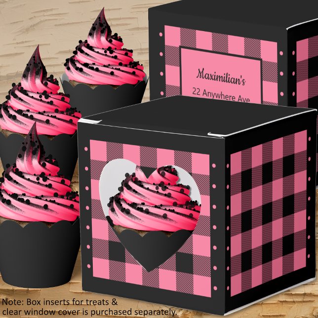 Buffalo-ruta - Rosa och svart - Hjärtformad presen Presentaskar (Buffalo Check - Pink and Black - Heart Favor Box - Cupcakes - by Leapfroglisics Shop)