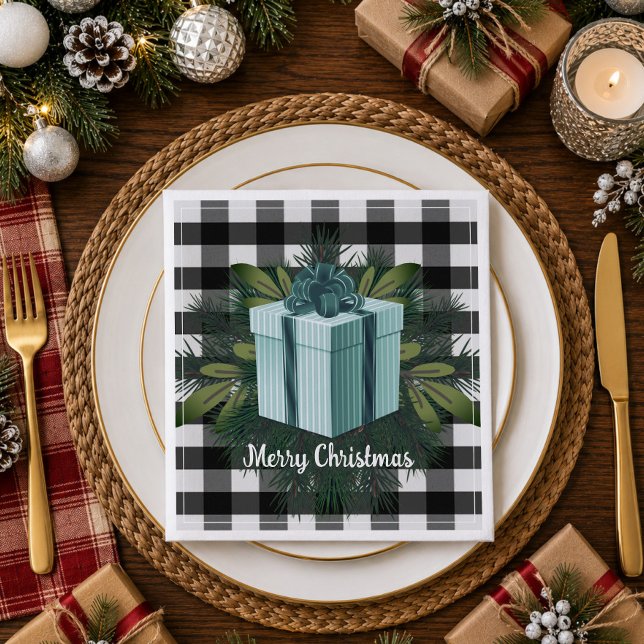 Buffalo-rutig julklapp | Turkos Pappersservett (Teal Buffalo Plaid Christmas Gift Paper Napkins)
