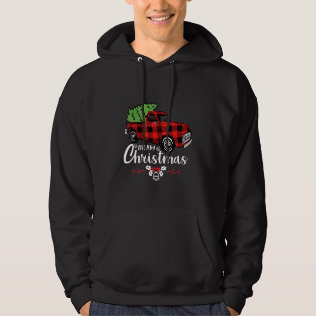 Buffalo-rutig röd lastbil julgran hoodie (Framsida)
