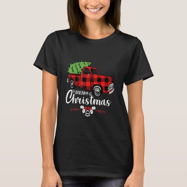 Buffalo-rutig röd lastbil julgran t shirt (Framsida)